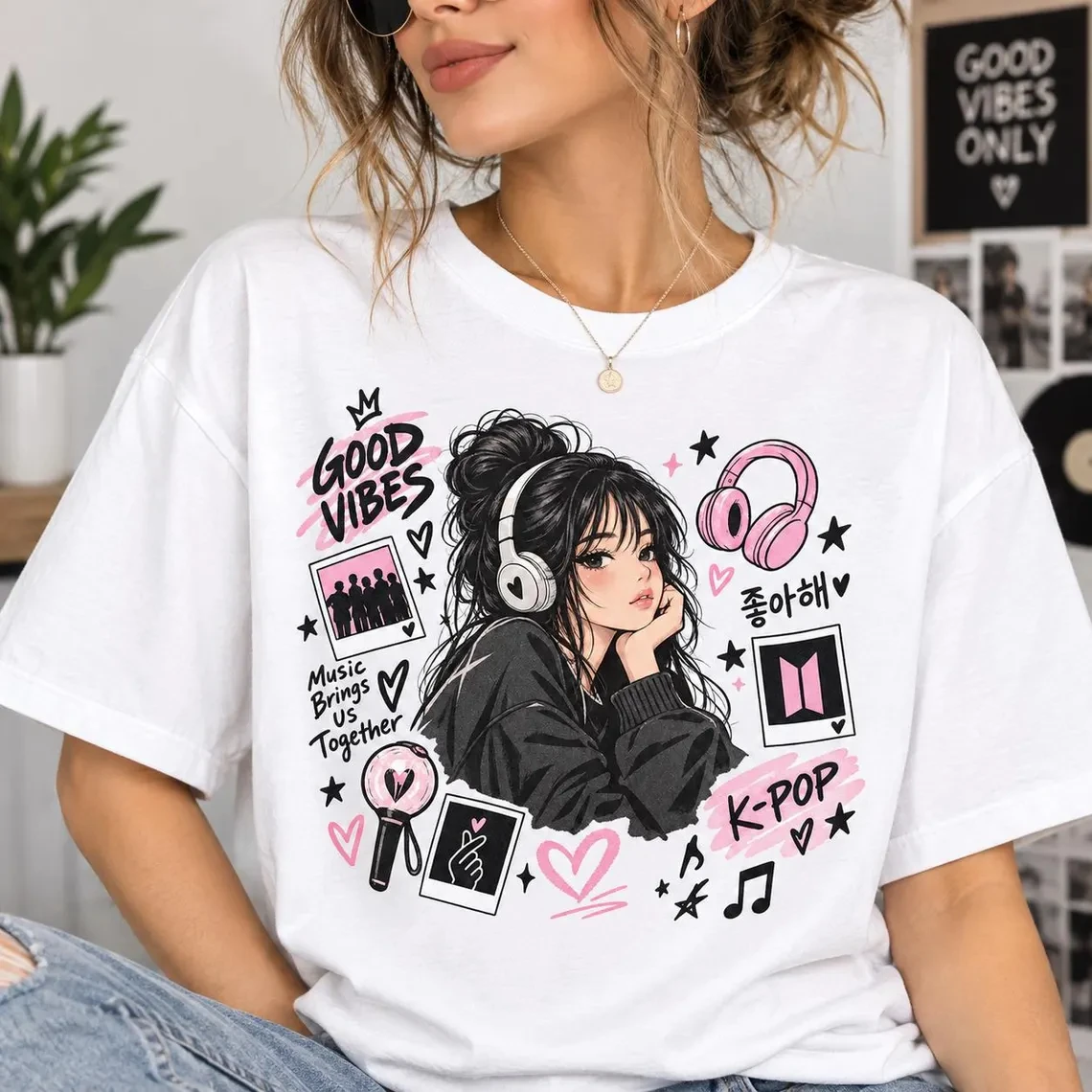 K-Pop Good Vibes Graphic T-Shirt Cute Anime Girl Headphone Print Music Lover Fans Women's and Kids High Quality Short Sleeve Tee