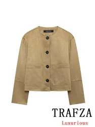 TRAFZA Vintage Chic Kurtki damskie Khaki Solidny długi rękaw Jednorzędowe kieszenie Krótkie płaszcze Nowa moda 2024 Jesienna odzież wierzchnia