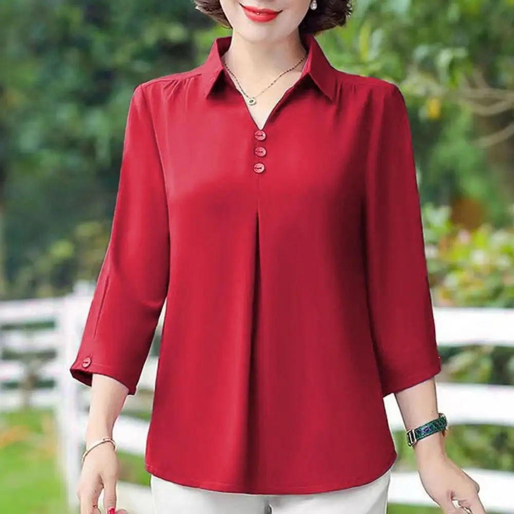 Mother Spring Summer Blouse Turn-down Collar Buttons  Solid Color 3/4 Sleeves Mom T-shirt Solid Color Loose Women Blouse Top