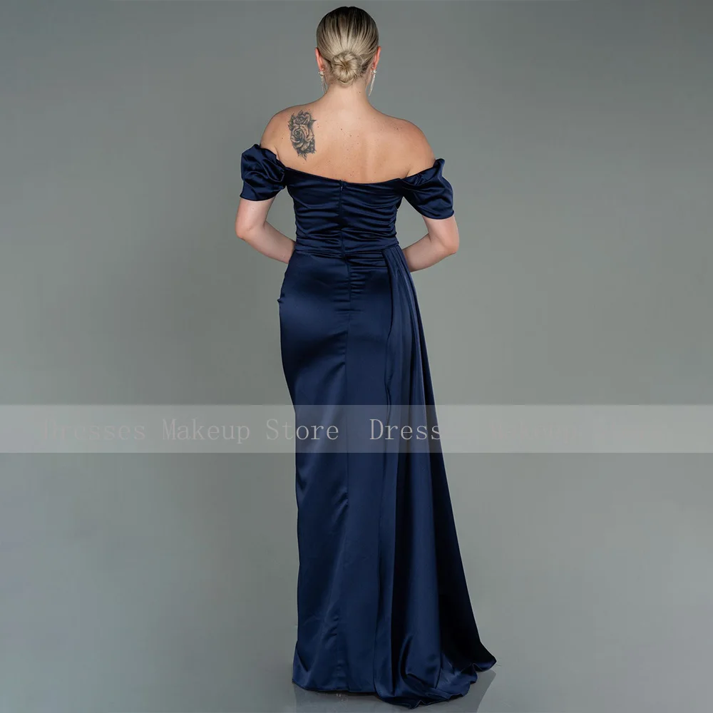 Navy Blue Wedding Guest Dresses for Women Off the Shoulder Column Bridesmaid Gowns Long Criss Cross Split Satin Evening Dress