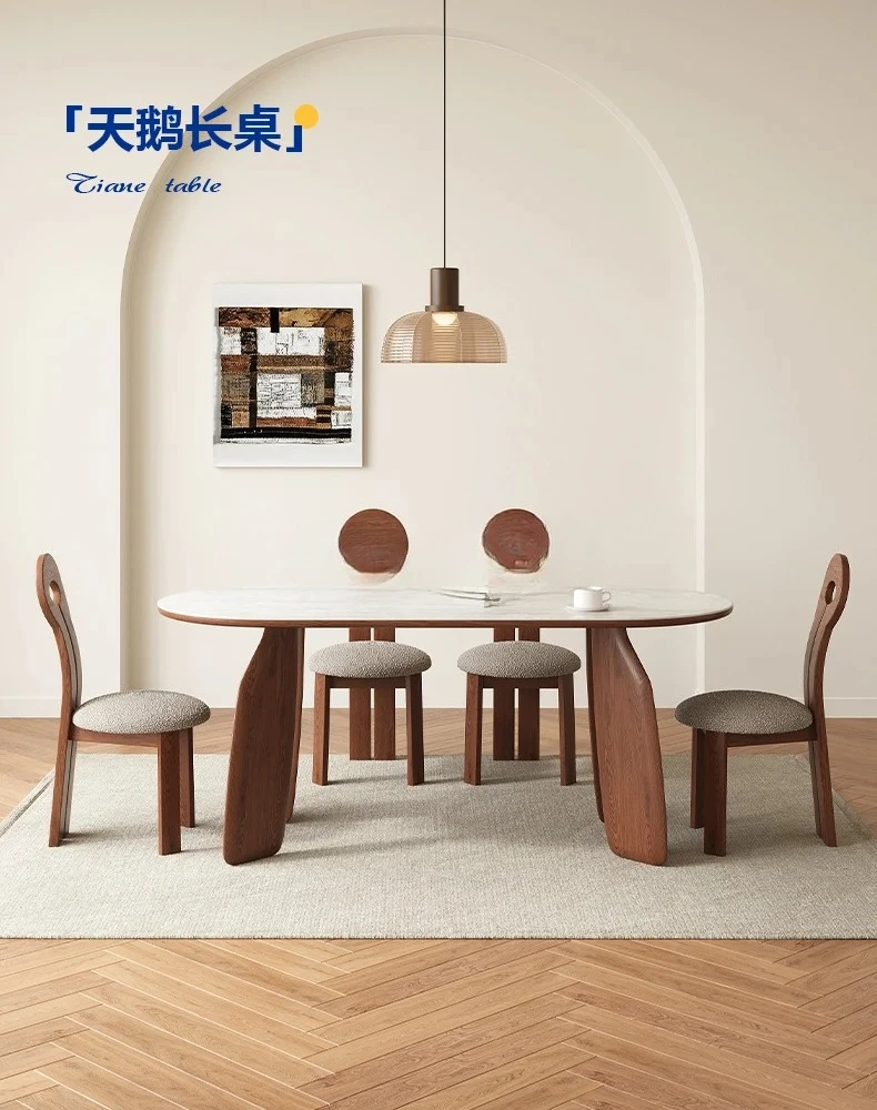 Cream Wind Tunnel Slate Dining Table Household Modern Simple Solid Wood Oval Dining Table