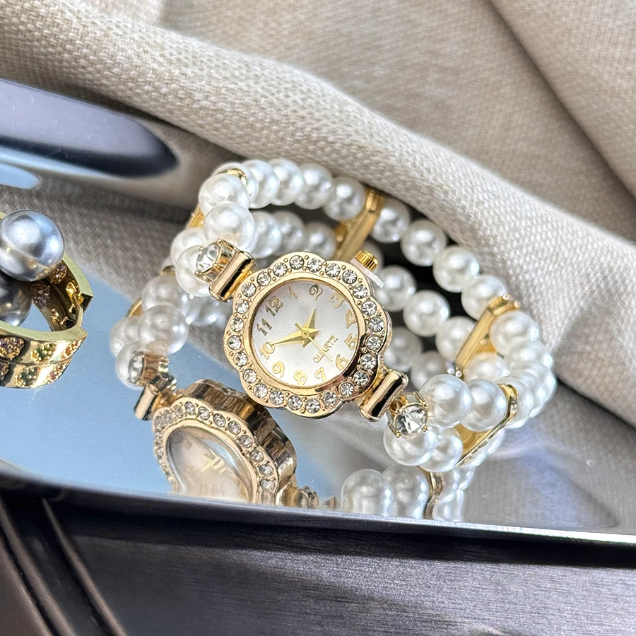 New Elegant Pearl Diamond-Encrusted Elastic Band Watch Vintage Luxury Bracelet Style Convenient for Ladies Quartz Wristwatch image 2