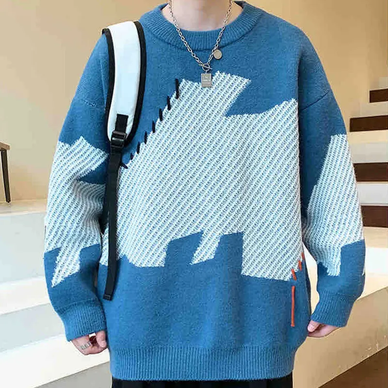 Contrasting Colors Patchwork Pullovers Knitted Men's Clothing Casual Loose Autumn Winter Round Neck Basic Long Sleeve Sweaters