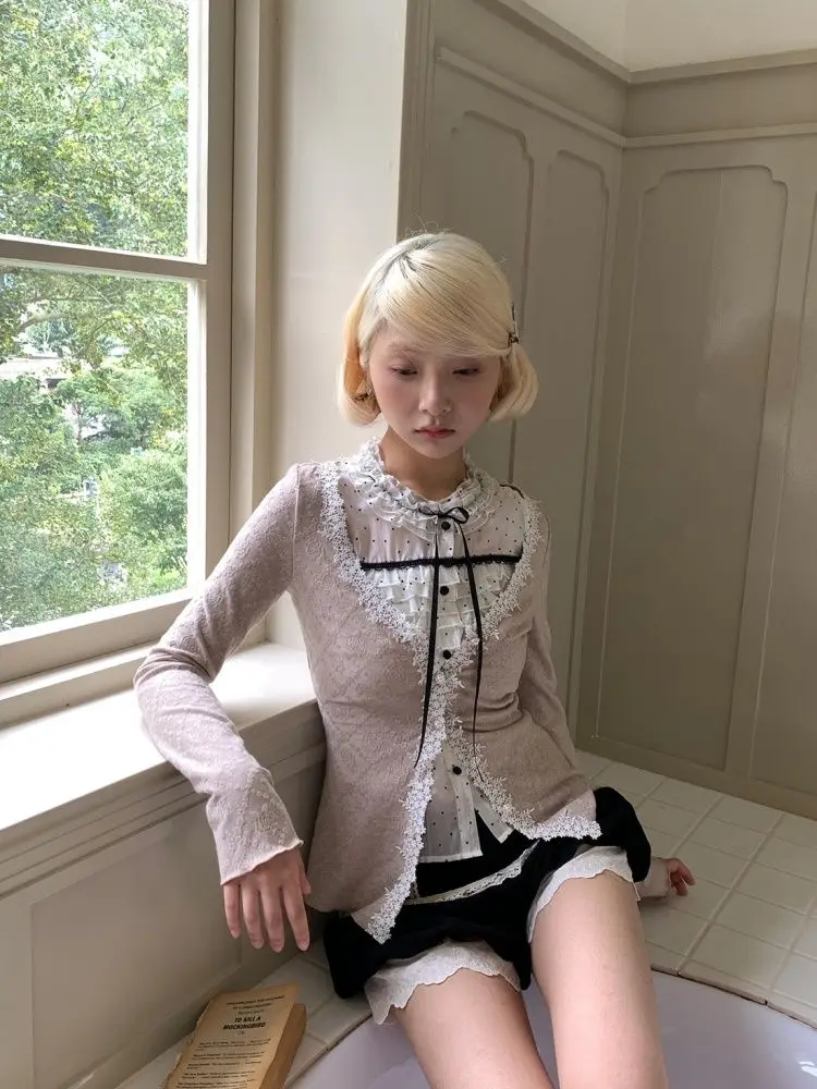 Japanische Damen-Shorts, 3-teiliges Set, süße Y2k-Jahre-Strickjacke + gepunktetes Hemd + Spitzen-Shorts, Harajuku, heiße Mädchen, elegante Mode, Emo