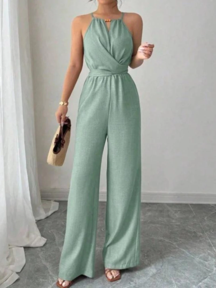 Women's Spring Summer Casual Pleated Fabric Halterneck Beaded Waist Button and Tie Design Maxi Jumpsuit New