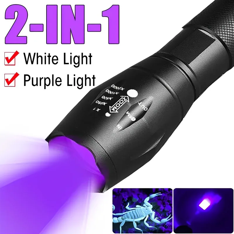 2-in-1 Ultraviolet White Lamp Double Lamp Retractable Flashlight Led Zoom Light Uv Pet Urine Stain Detector Outdoor Hunting Tool