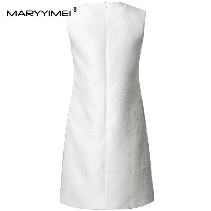 MARYYIMEI Zomer Nieuwe Collectie vrouwen Jurk O-hals Korte Mouwen Jacquard Kralen Witte Jurken