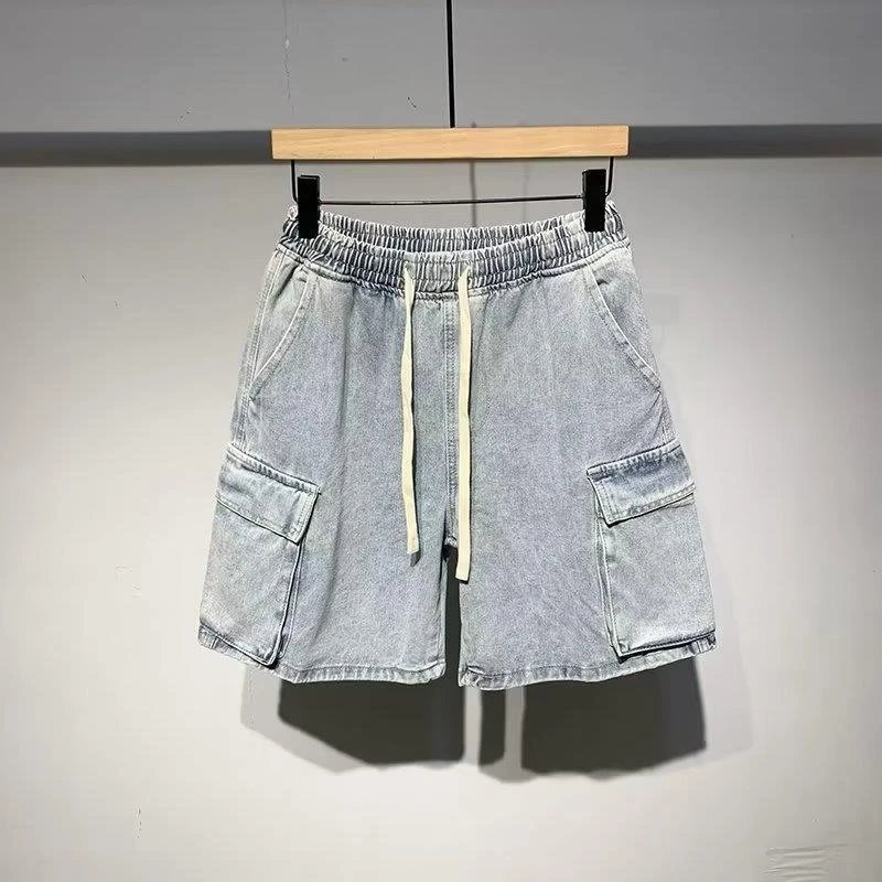 

TRSYPHXM 2025 new Korean workwear elastic waisted denim shorts men's cropped pants summer new casual loose mid length pants