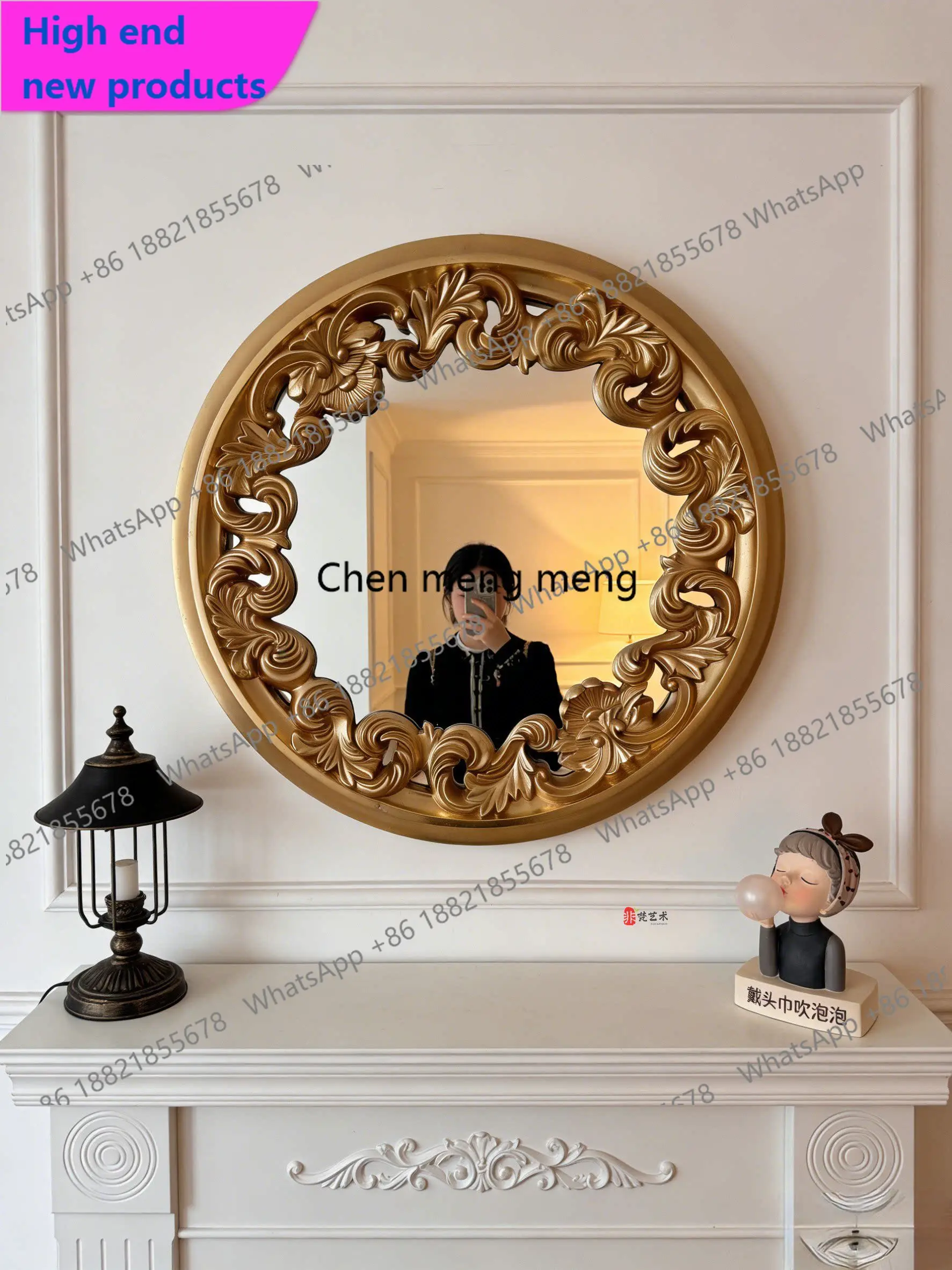 A68French carved retro makeup vanity mirror European light luxury round wall hanging creative dining side entrance