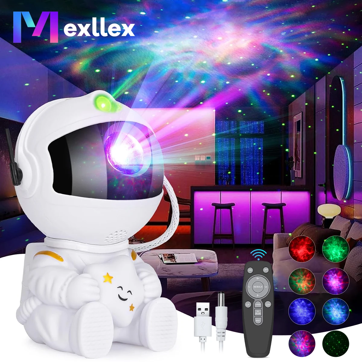 Lampka nocna Mexllex Astronaut Galaxy Starry Projector z mgławicą i pilotem, 360°° Regulowana i timerowa lampa kosmiczna na prezent do pokoju