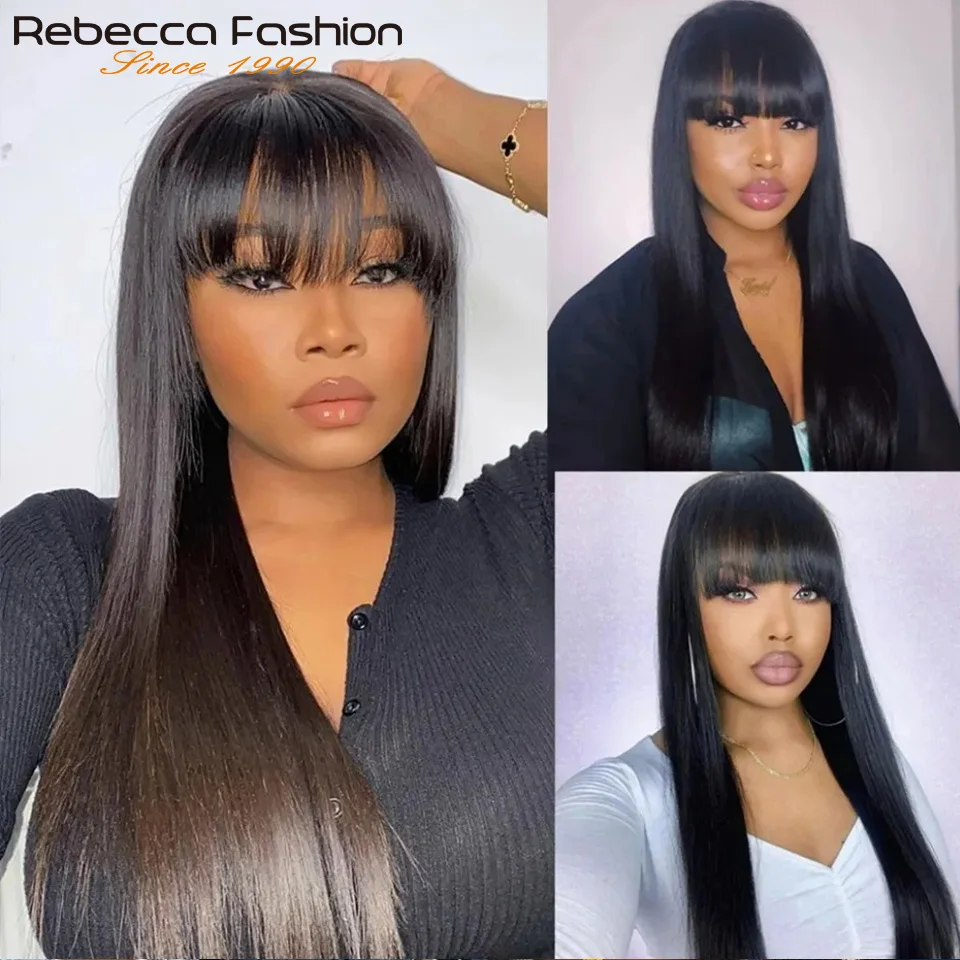 3X1 Middle Part Lace Wig Bone Straight Human Hair Wig With Bangs Brazilian Hair 180 Density 100% Human Hair Wigs For Women