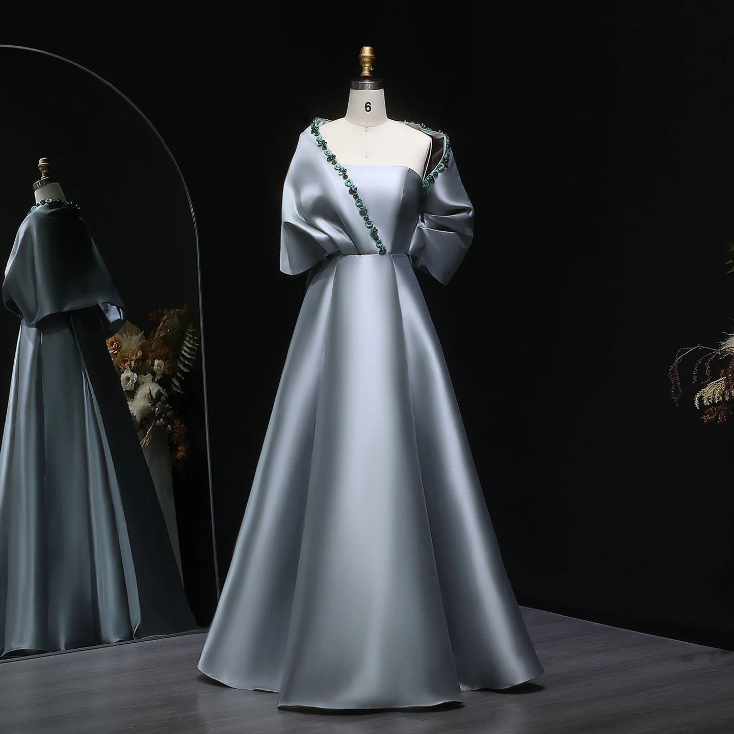 

Sharon Said Elegant Grey Long Evening Dress With Cape Off Shoulder Satin Formal Dresses for Women Wedding SS577 Customized