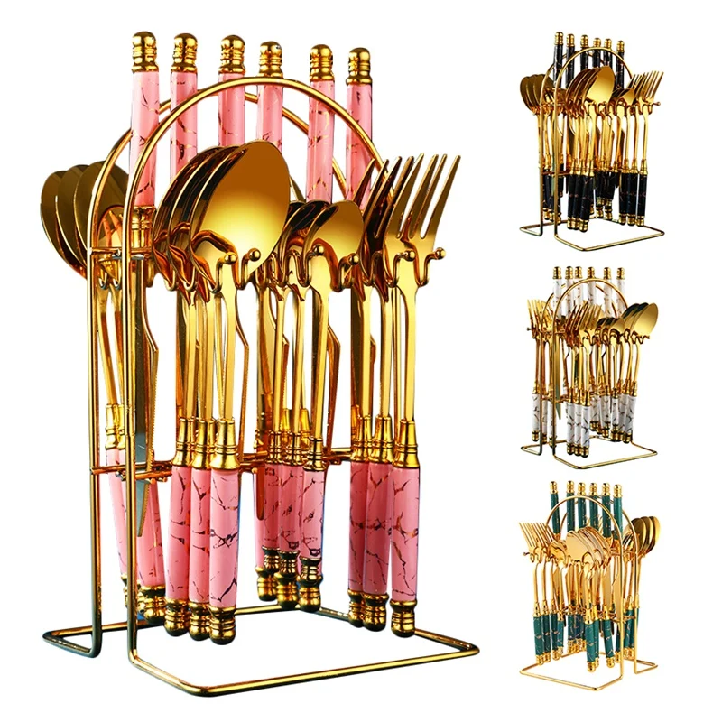 

24Pcs Gold Dinnerware Set Stainless Steel Tableware Set With Storage Rack Knife Fork Spoon Luxury Cutlery Set