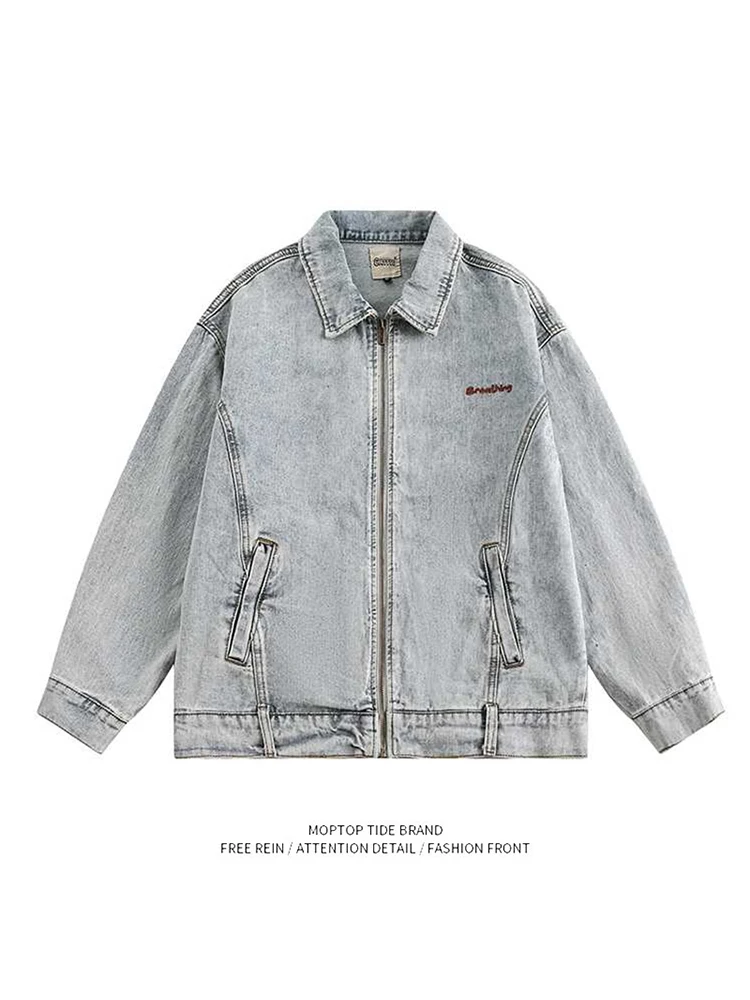 

Мужская джинсовая куртка Mr. WH с вышивкой в американском стиле ретро, модная свободная повседневная верхняя одежда для пар, ветрозащитная длинная све на молнии...