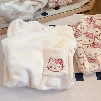 Sanrio Kawaii Hello Kitty pijamas mujeres Otoño e Invierno cuello redondo ropa para el hogar dulce versión coreana lindo traje de corazón para chica