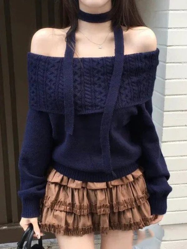 

Ретро k Синий женский вязаный свитер на одно плечо для похудения в Корейском стиле Sle Pure Desire Faion Top Quali Long Sve