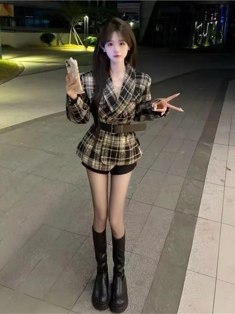 Autumn Winter Plaid Woolen Suit Set Women's Style Short Pants Black Jacket Retro Social Little Fragrance Fashion Ladies Outfits