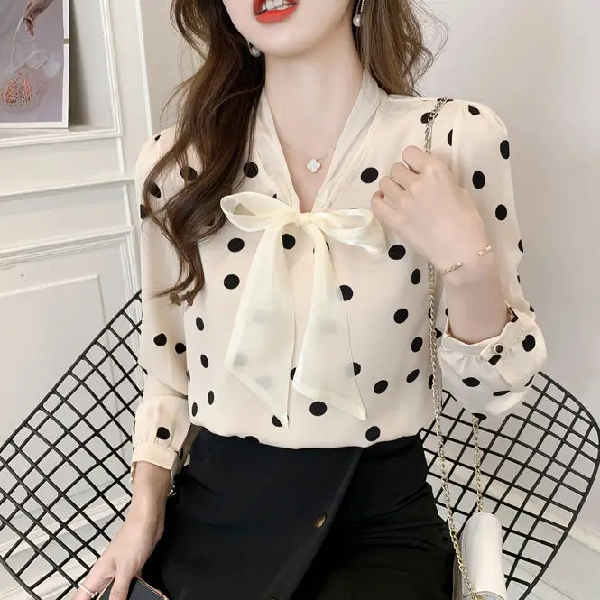 

Elegant V-Neck Printed Lace Up Polka Dot Bow Blouses Women Clothing 2024 Autumn New Sweet Tops Loose All-match Office Lady Shirt