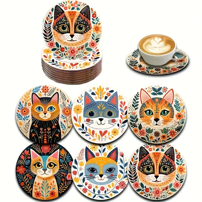 6pcs Cat Series Wooden Coasters, Heat Insulated Pads for Cof