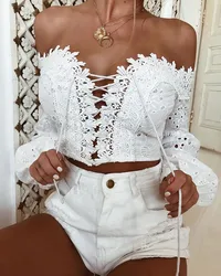 Elegant White Lace Blouse Shirt Sexy Cross Bandage Off Shuolder Long Sleeve Hollow Out Boho Ladies Crop Top Beach Cardigan Blusa