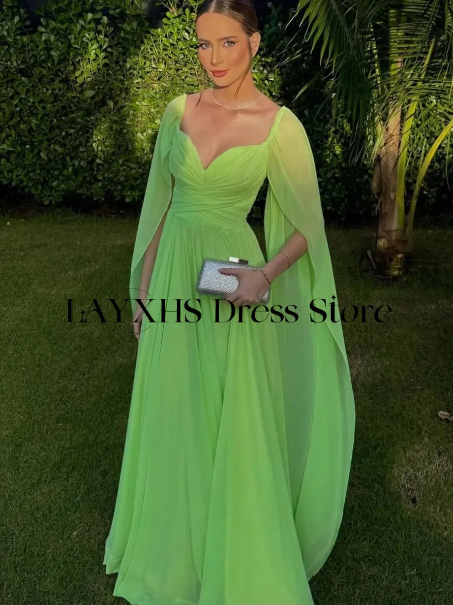 LAYXHS Novel Green V-Neck Evening Dresses A-Line With Cape Floor-Lenght Prom Dresses Customized فساتين سهره