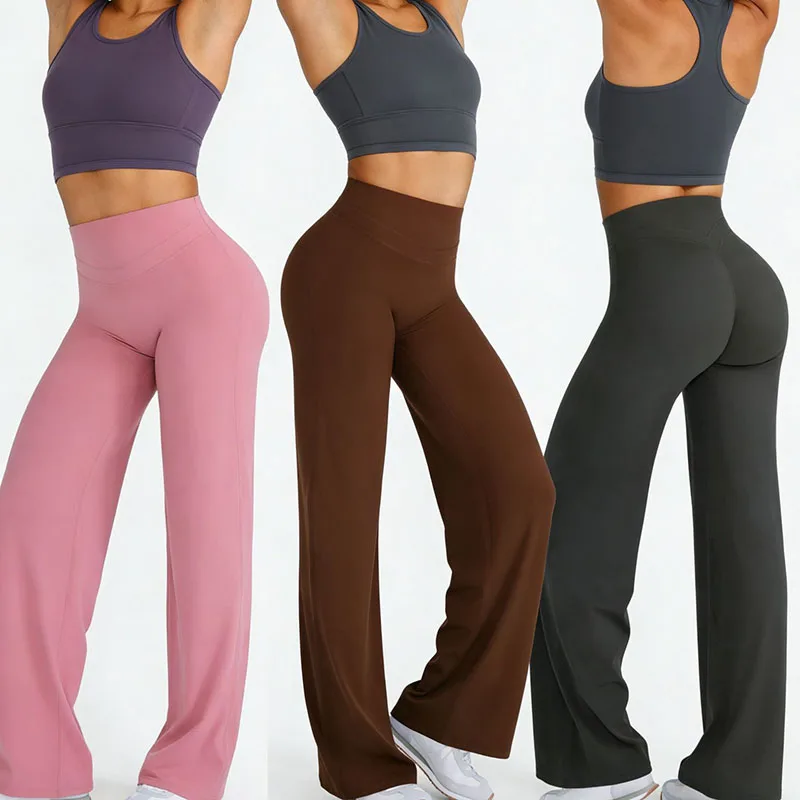 New Lifting Hips Fitness Yoga Leggings Women Solid Wide Leg Naked Feeling Out Wear Sports Trousers Exercise Running Yoga Pants