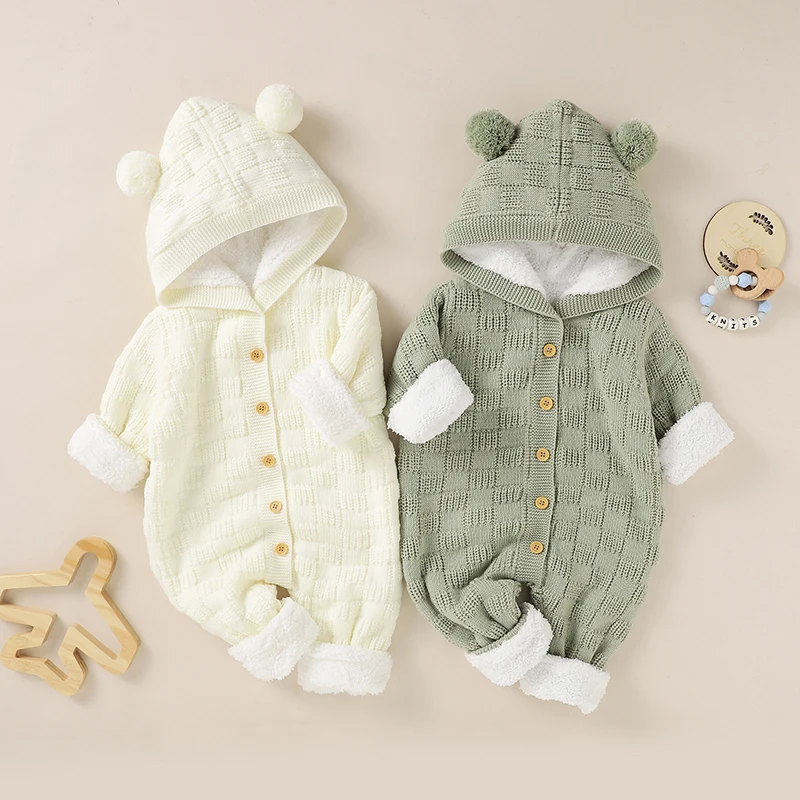 

Baby Romper Knitted Long Sleeve Newborn Boy Girl Jumpsuit Outfit Fashion Hooded Pom Pom Infant Clothes Plus Fleece Winter Onesie