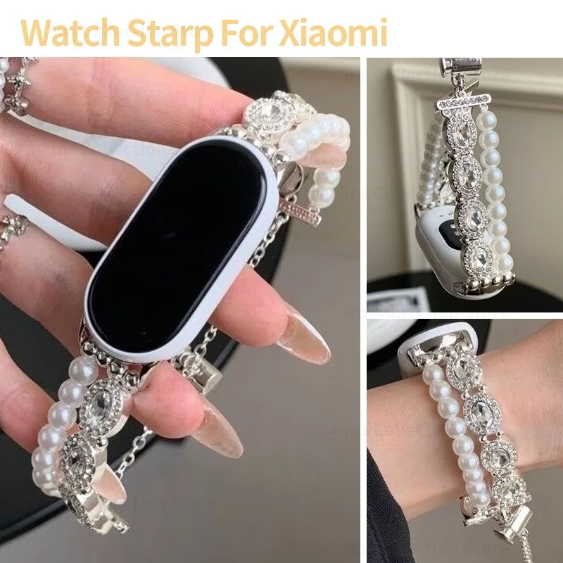 Pearl Diamond Bracelet Strap for Xiaomi Watch 8 9 10 8Pro S4 Bling Double Layer Women Replacement Wristband for Redmi Watch 456