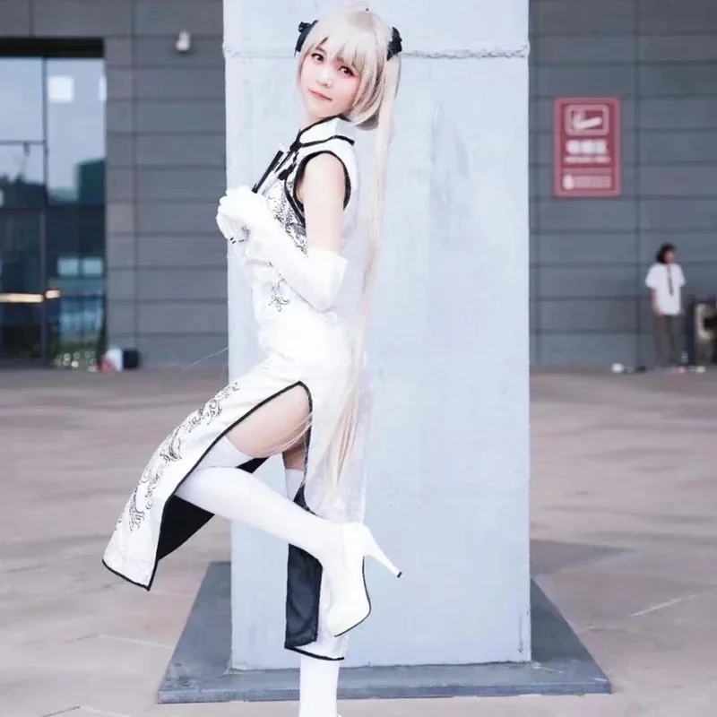 Disfraz de Cosplay de Anime Yosuga No Sora kasuvano Sora, peluca Cheongsam blanca y negra, juguete de conejo, vestido de fiesta de Carnaval de Halloween