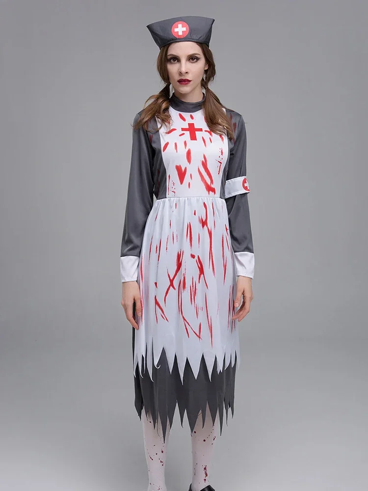 Women Medieval Vintage Corpse Nurse Costume Adult Dead Zombie Halloween Horror Scary Fancy Dress Outfit