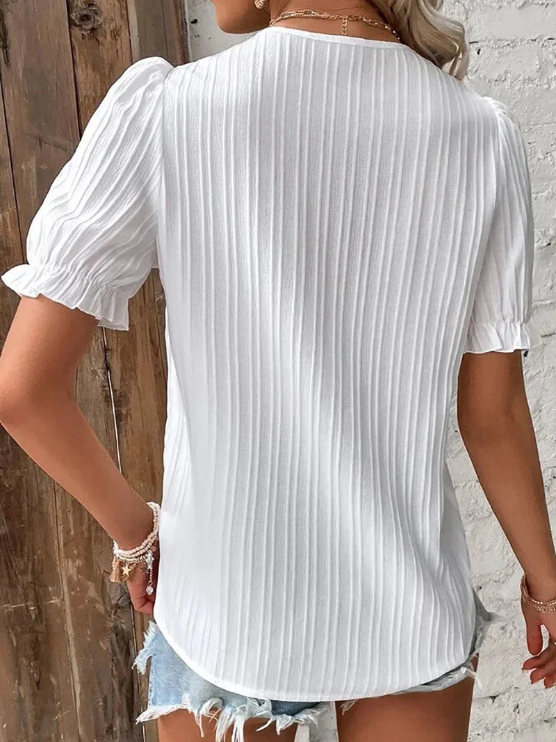 Women's Summer New Top 2024 Solid Sexy V-Neck Hollow Short Sleeve Shirt Fashion Splice  Blouse