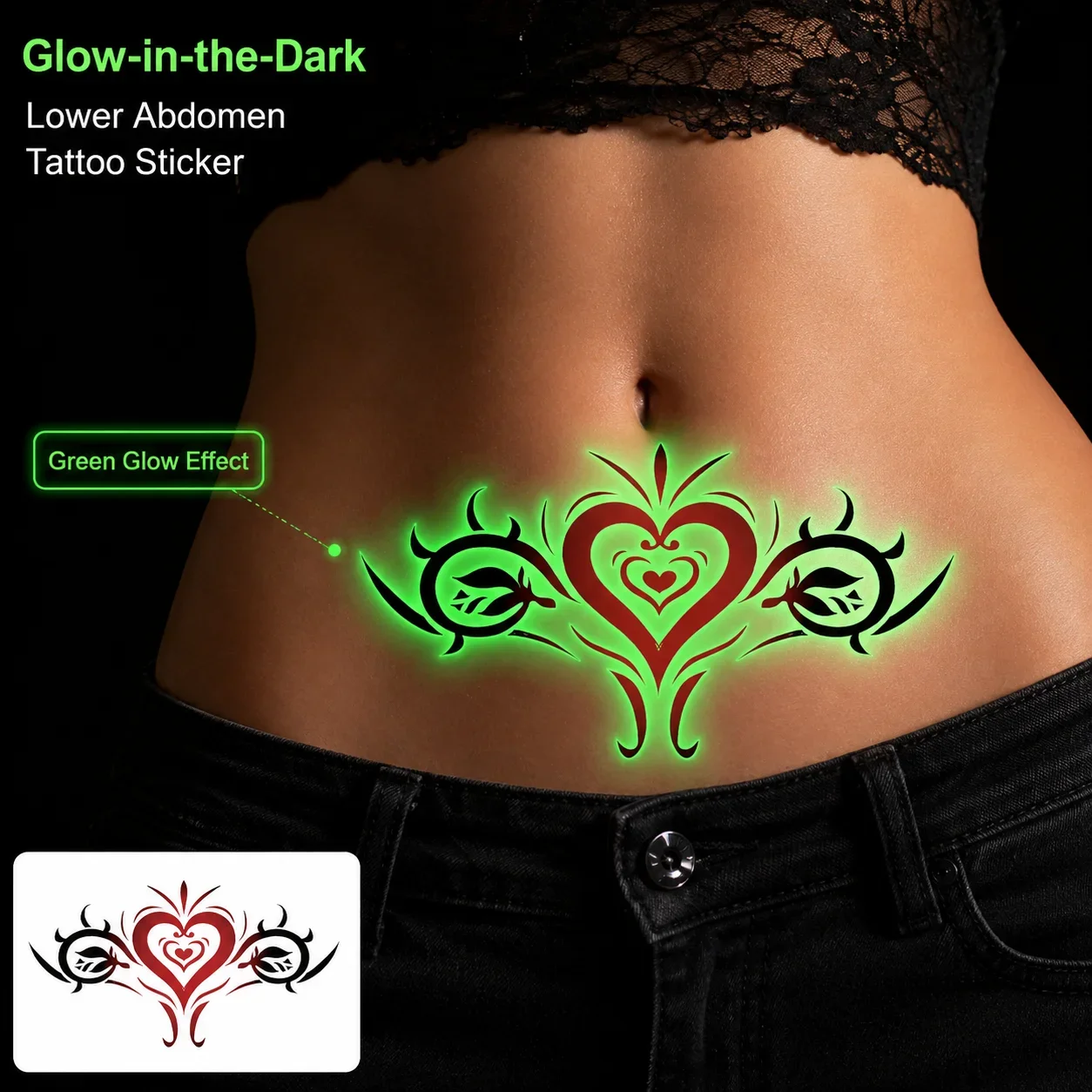 

Disposable Tattoo Sticker Temporary Tattoo Glow in the Dark Tattoo Sticker, Green Heart Eye Belly Art