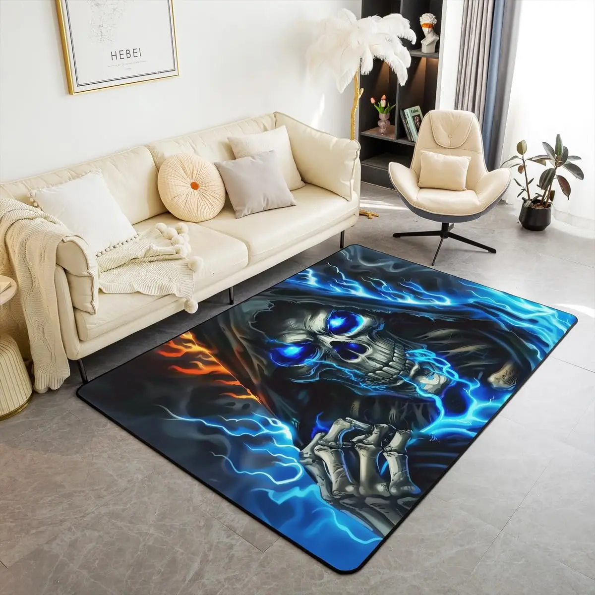 

VIKAMA Gothic Flame Skeleton Bones Area Rug for Bedroom Living Room Halloween Style Carpet Decor Non Slip Blue Indoor Floor Mat