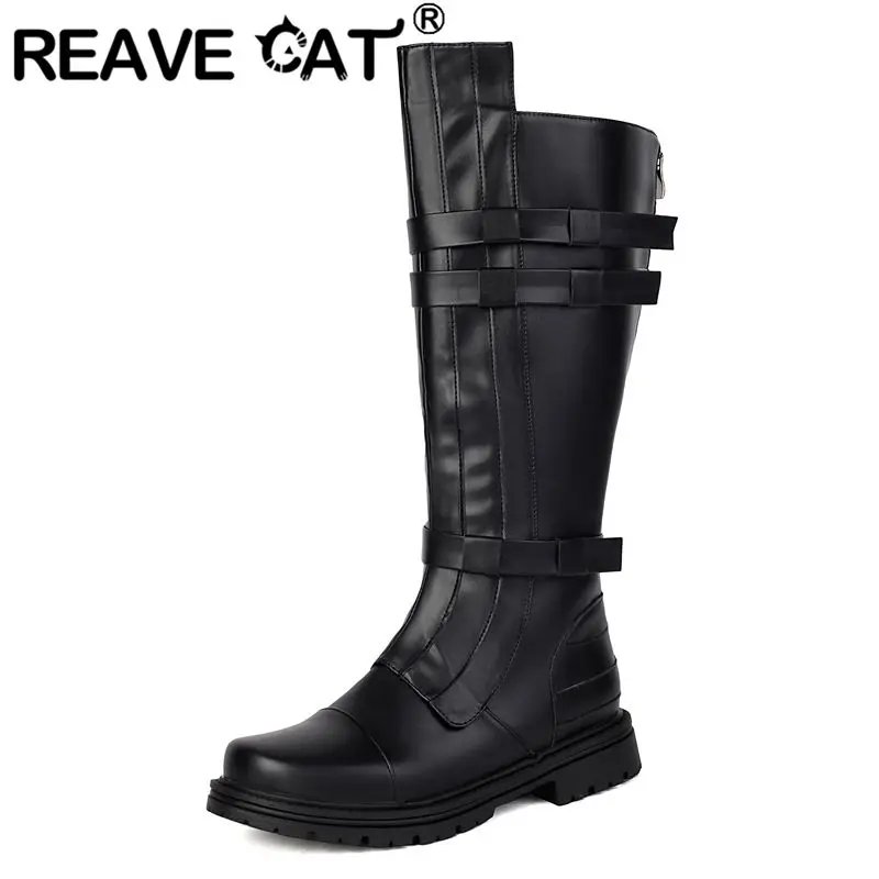 

REAVE CAT Стильная дизайнерская повседневная женская обувь для верховой езды с круглым носком на толстом каблуке 3,5 см, большой размер 46 47 48 до колена Bota