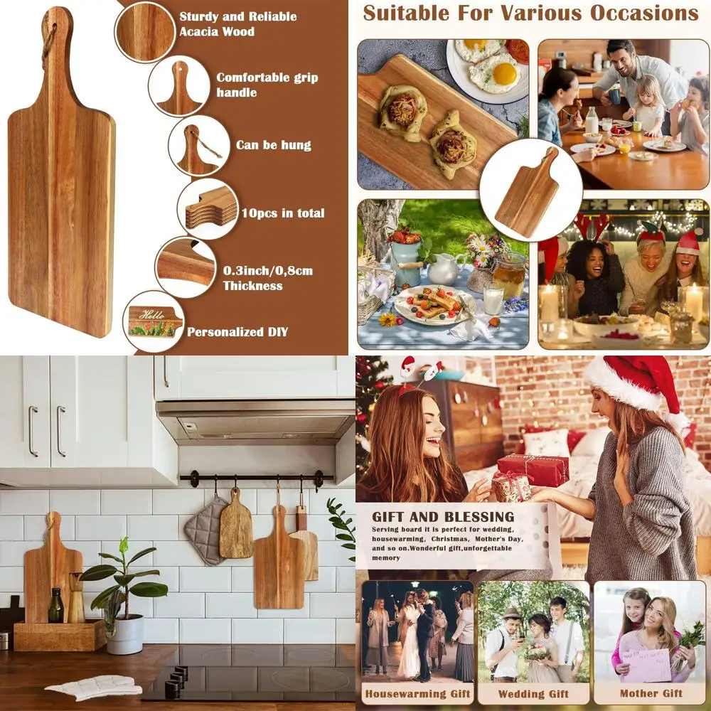 

Acacia Wood Cutting Boards - 15x7 Inch Large Serving Boards with Handles for Kitchen Use, Ideal for Vegetables, Meat, Pizza, Che