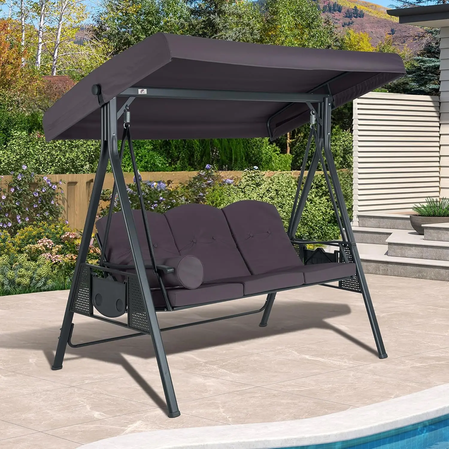 Outdoor Patio Porch Swing with Stand, 3-seat Swing Chair with Adjustable Tilt Canopy All-Weather
