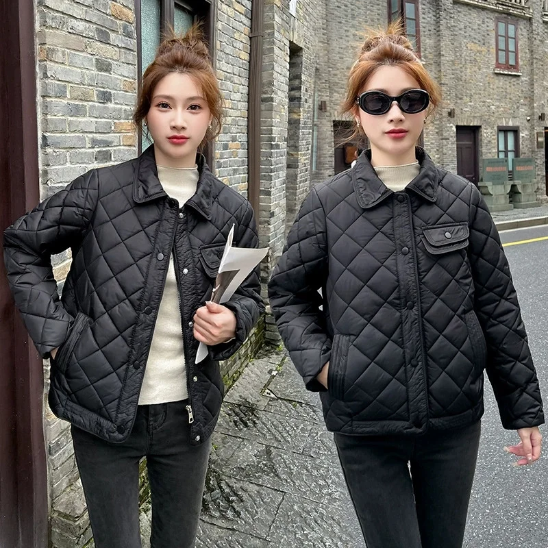 Autumn Winter Women Lightweight Cotton Jacket 2026New Diamond Grid Short Small Fragrance Jacket Female Cotton Clothing Outerwear