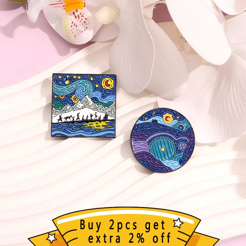 World Renowned Oil Painting Night Sky Enamel Pins Artistic Accomplishment Fans Decorative Brooches Lapel Clothes Badge Gift  ﻿