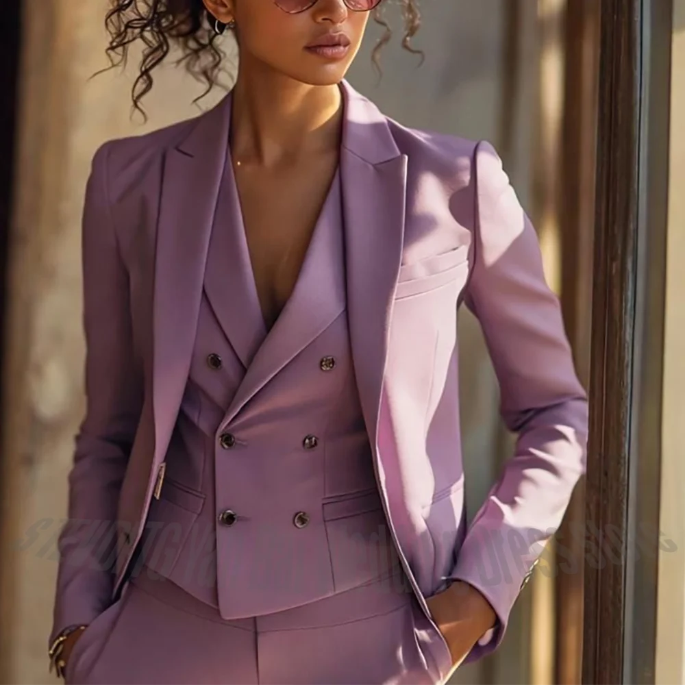 Solid Color Elegant Women's Pants Set Three Pieces Regular Fitted Peaked Lapel Tailored Chic Female Clothes(Jacket+Pants+Vest)
