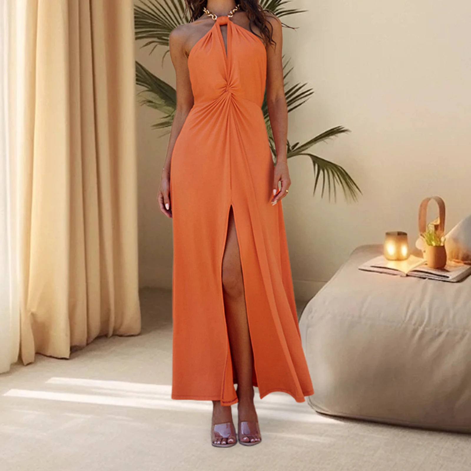 Women Summer Sleeveless Dress Casual Backless Chain Halter Neck Split Party Dress for Beach Club Streetwear