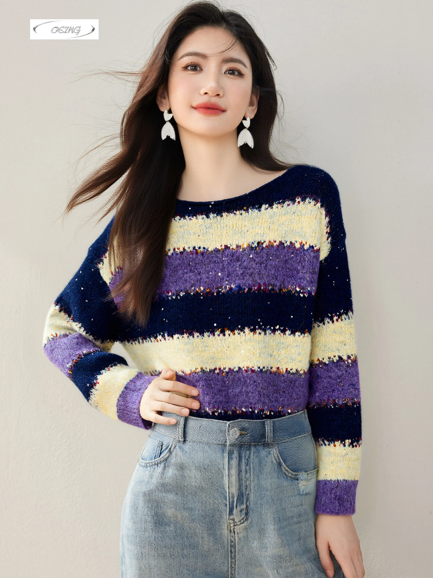 

Полосатый женский новый осенне-зимний пуловер с длинными рукавами и цветными блоками, вязаный свитер, топ, элегантный корейский 9722