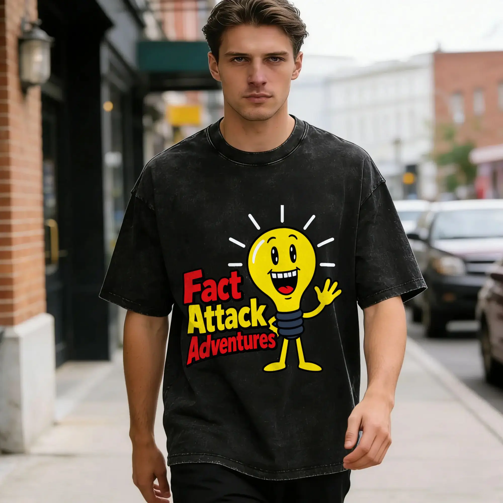 Men Women's T-Shirt Light Bulb Fact Attack Adventures Washed T Shirts Popular Tees Y2K Classic Design Casual Tops Hot Sale