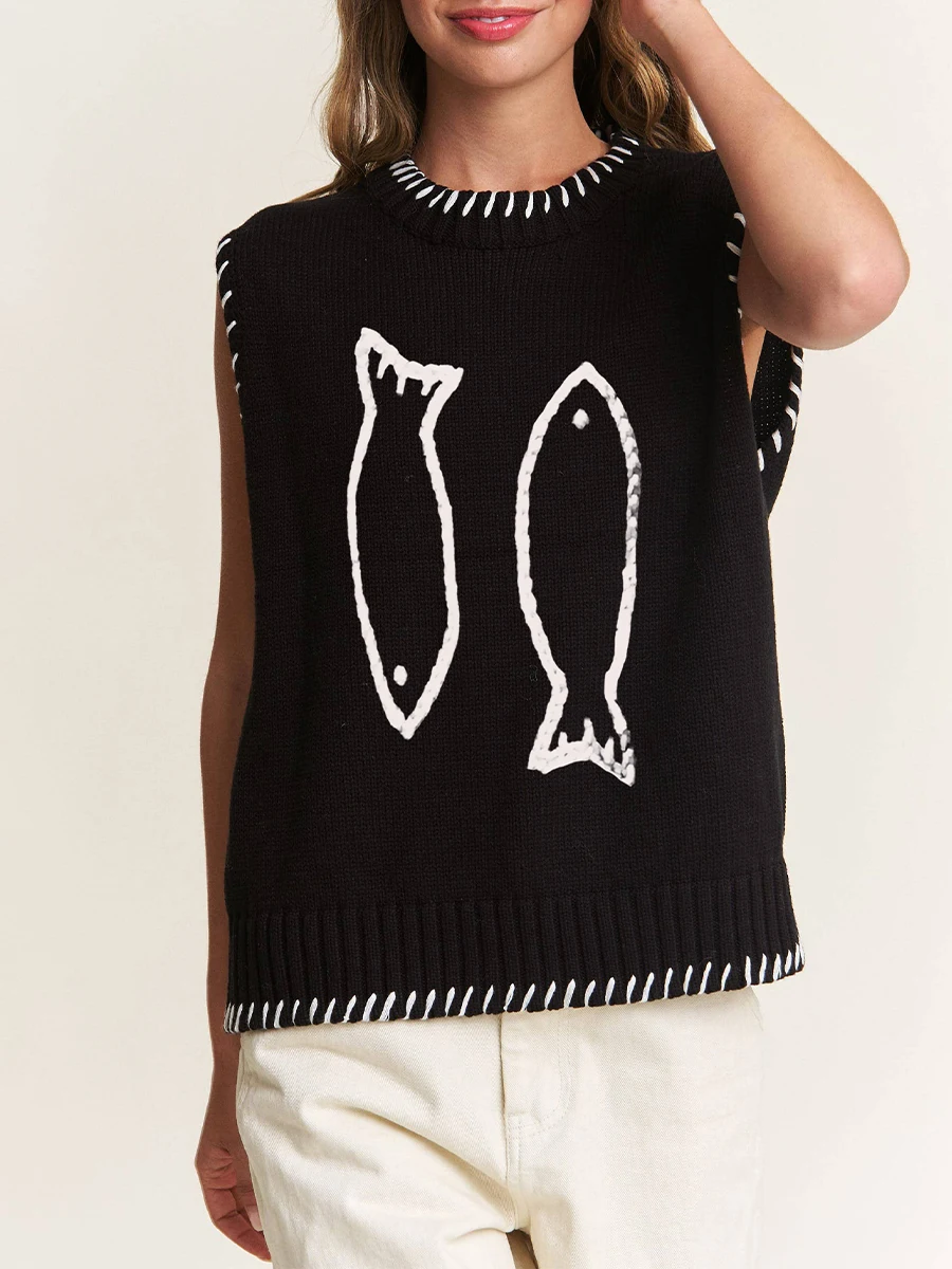 Womens Sleeveless Sweater Fish Pattern Crew Neck Pullover Knit Vest Casual Streetwear