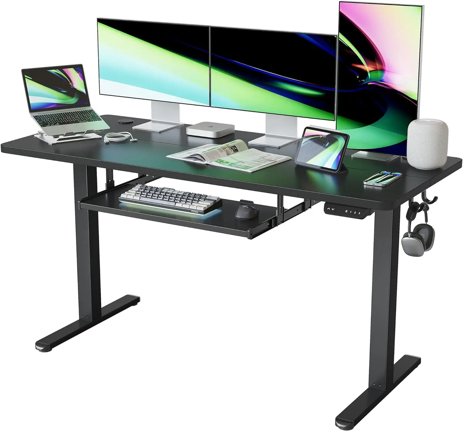 

FEZIBO Standing Desk with Keyboard Tray, 63 × 24 Inches Electric Height Adjustable Desk, Sit Stand Up Desk,