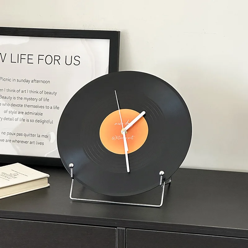CuteLife Nordic Black Plastic Record Shape Table Clock Living Room Home Decoration Clock Round