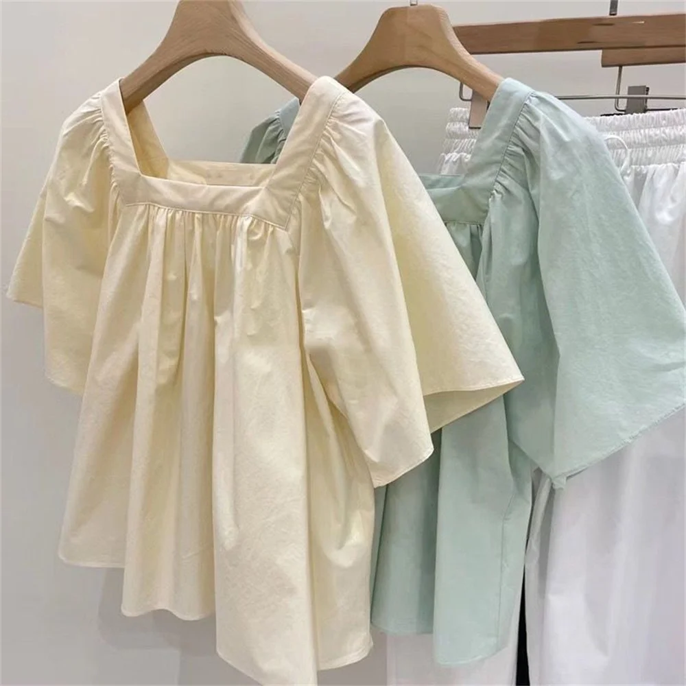 

Blouses Women Square Collar Shirt Vintage Ladies Holiday Summer Lady Korean Style Casual Loose Design Elegant Blusa Short Sleeve