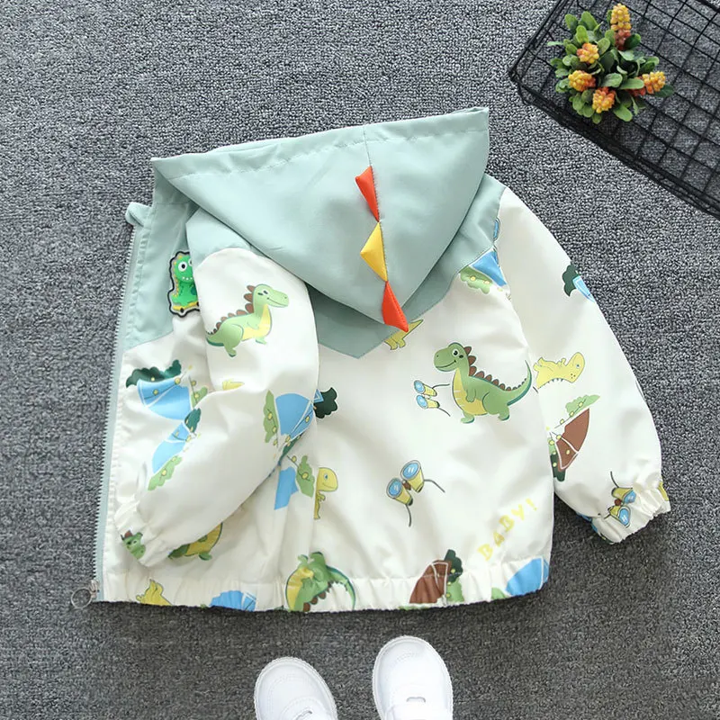 New Spring Autumn Baby Boys Hooded Jacket Cartoon Dinosaur Print Windbreaker Coat For 1-6 Years Children Outerwear Kids Clothes