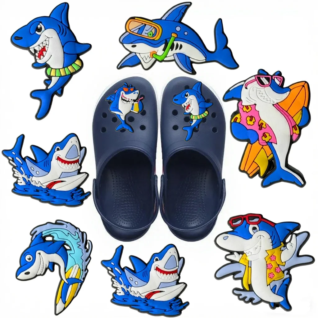 

1-8pcs Shark marine animals Shoe Buckle Charms Cartoon Funny Character for Clogs DIY Accessories For Kids Xmas Birthday Gifts