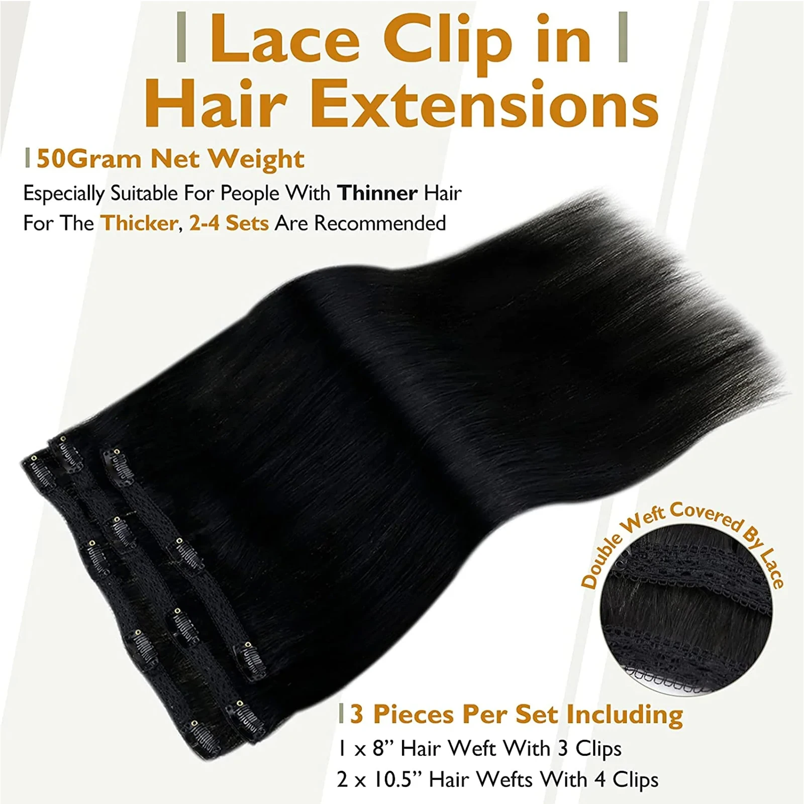 LaaVoo Remy Lace Clip in Hair Extension 3Pcs 50G 100% Real Brazilian Hair Straight Natural 12-20inch Machine Human Clip in Hair