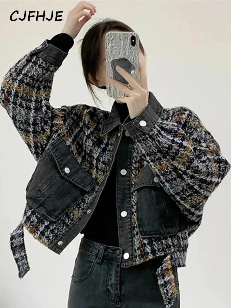 

CJFHJE Turn Down Collar Tweed Cropped Jackets Women Autumn Pocket Jacket Short Coats Woman Korean Chic Single-Breasted Outerwear